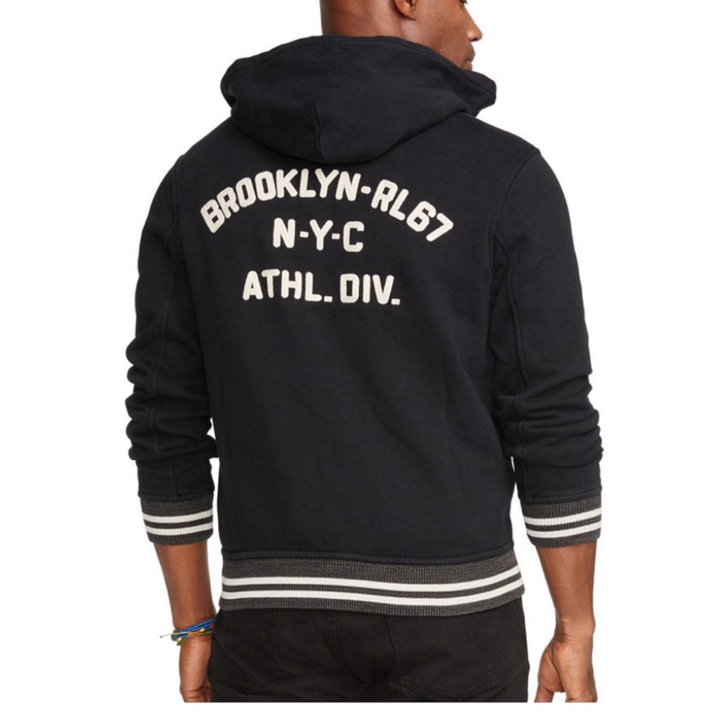Polo Ralph Lauren Black Fleece Hooded Baseball Brooklyn Jacket XL